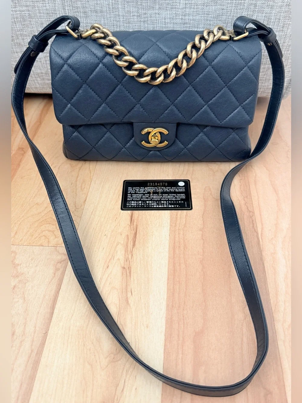 CHANEL Trapezio Flap bag, small, navy blue